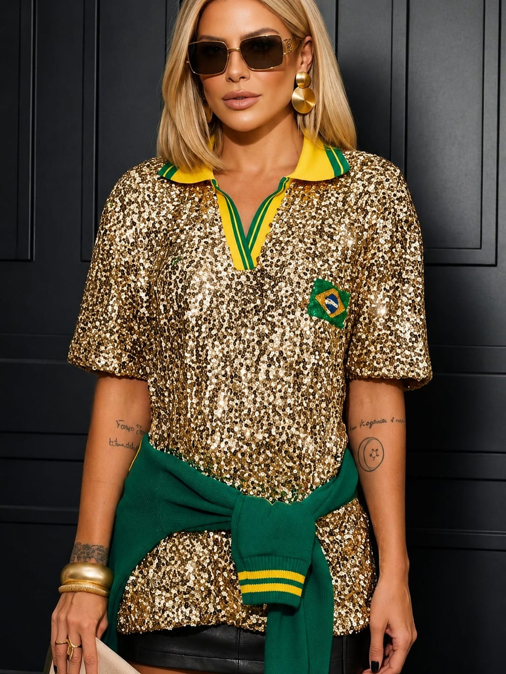 Gold sequin polo shirt with yellow-green trim and flag patch, oversized fit, worn with green sweater, Brazil Core party look for trendy women
