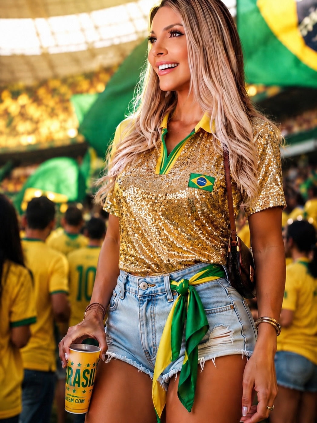 Gold sequin short-sleeve polo shirt with flag patch, worn at stadium with denim shorts, festive Brazil Core style for women
